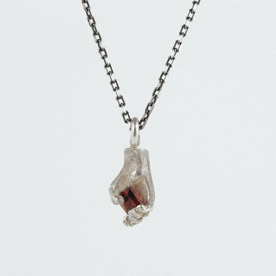 Square Heart | Silver Hand Pendant with Garnet — Dovilė Bertulytė