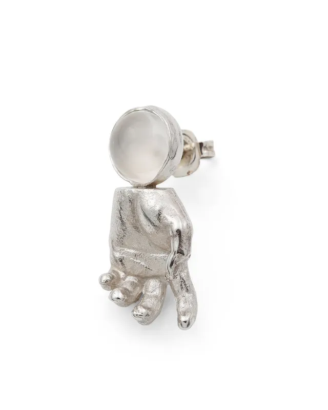 To The Moon & Back | Miniature Silver Hand & Moon Stone Single Stud Earring — Dovilė Bertulytė