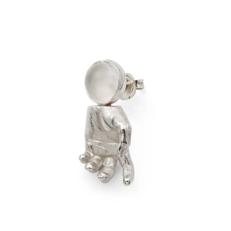 To The Moon & Back | Miniature Silver Hand & Moon Stone Single Stud Earring — Dovilė Bertulytė