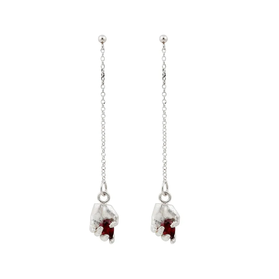 Sway | Long Chain Dangling Hand Earrings Silver and Red Garnet — Dovilė Bertulytė
