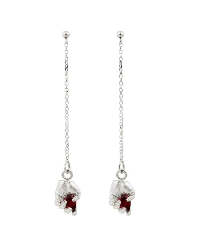 Sway | Long Chain Dangling Hand Earrings Silver and Red Garnet — Dovilė Bertulytė