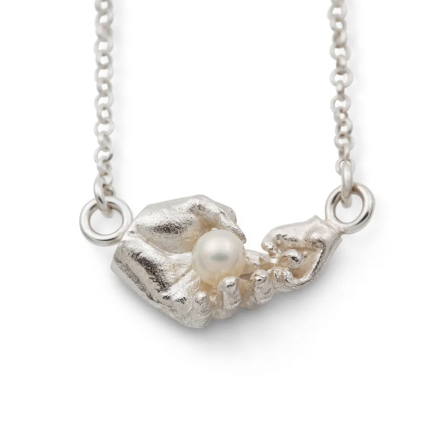 Mother & Child | White Pearl and Two Silver Hands Pendant — Dovilė Bertulytė
