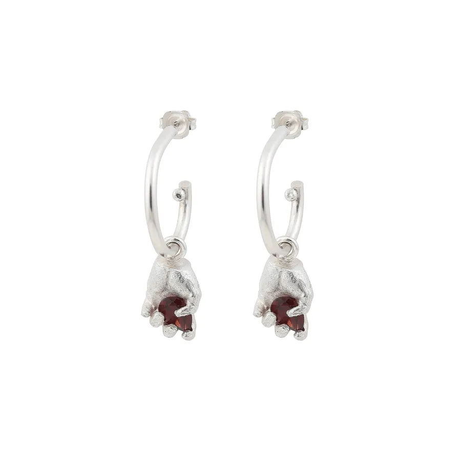 Dextera | Miniature Hand Silver Hoop Earrings With Red Garnets — Dovilė Bertulytė