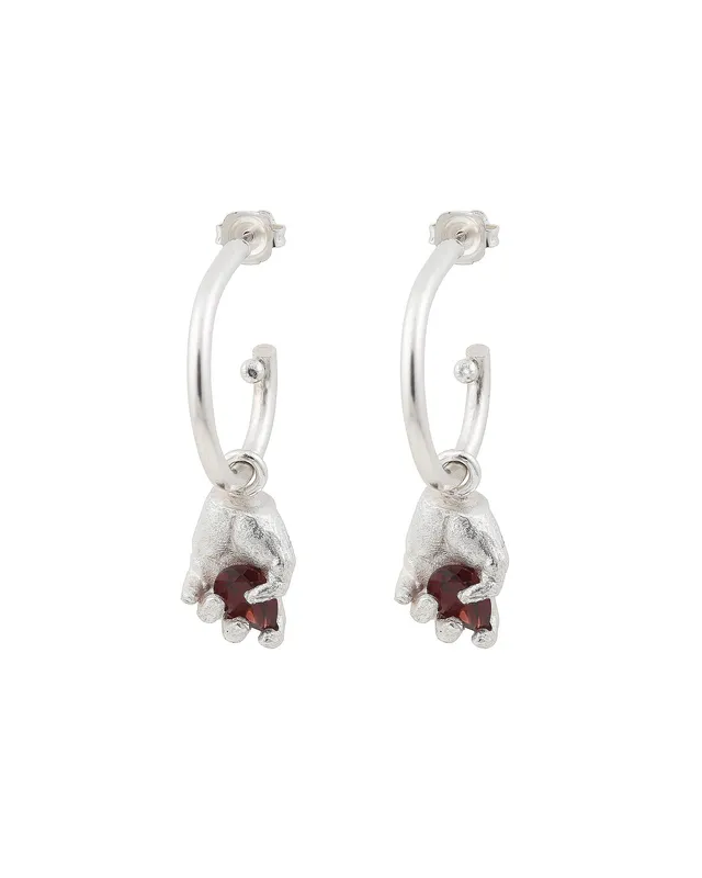 Dextera | Miniature Hand Silver Hoop Earrings With Red Garnets — Dovilė Bertulytė