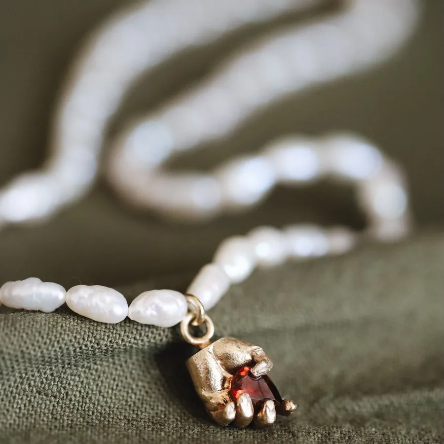 Alexandra | One of a Kind 9ct Gold Red Garnet & Pearl Pendant — Dovilė Bertulytė