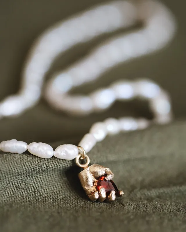 Alexandra | One of a Kind 9ct Gold Red Garnet & Pearl Pendant — Dovilė Bertulytė