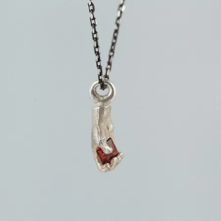 Square Heart | Silver Hand Pendant with Garnet