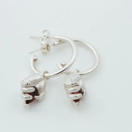 Dextera | Miniature Hand Silver Hoop Earrings With Red Garnets