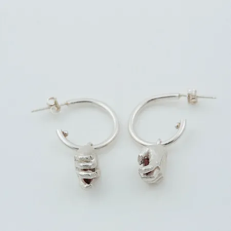 Dextera | Miniature Hand Silver Hoop Earrings With Red Garnets
