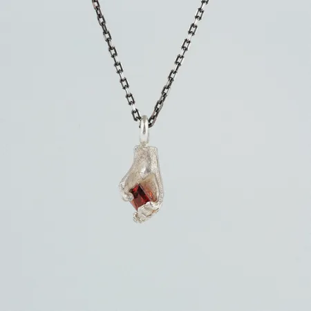 Square Heart | Silver Hand Pendant with Garnet