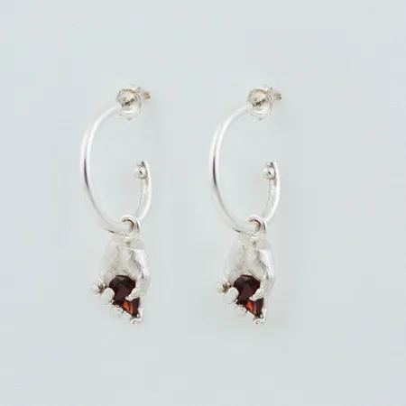 Dextera | Miniature Hand Silver Hoop Earrings With Red Garnets